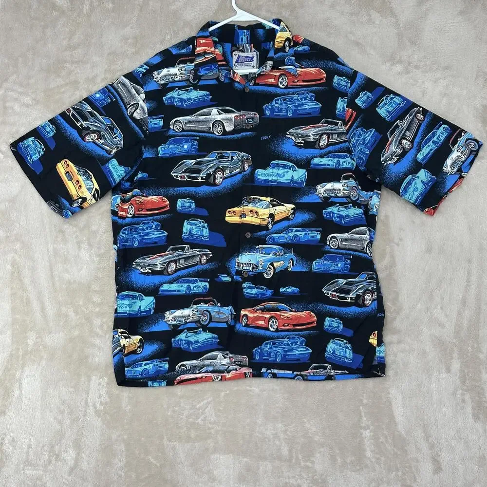 Reyn Spooner Shirt Mens XL Multicolor Car Print Hawaiian Button Front Rayon